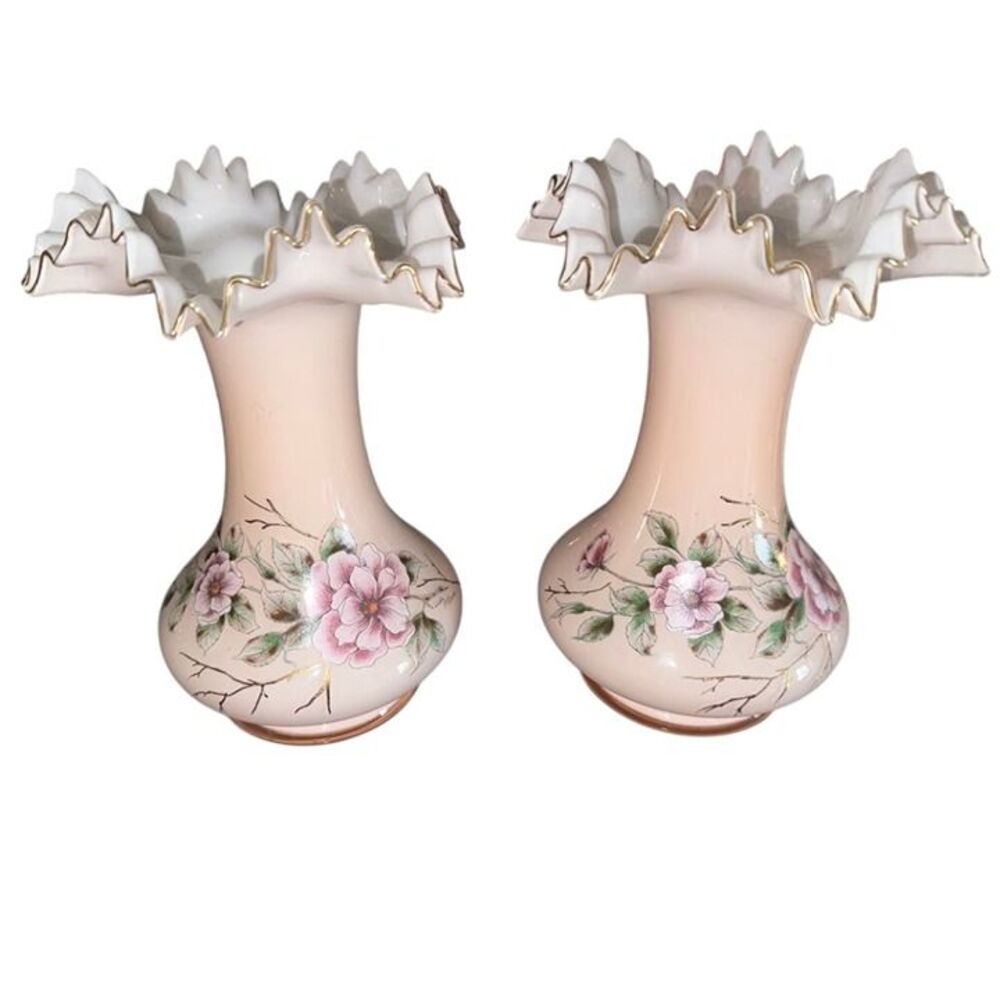 Victorian Cased Pink Bohemian Glass Vases Hand Painted Flowers - Pair of 2